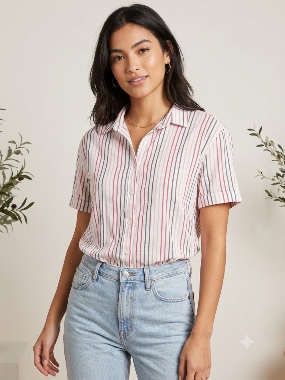 dip Pink and White Striped Short-Sleeve Button-Down Shirt